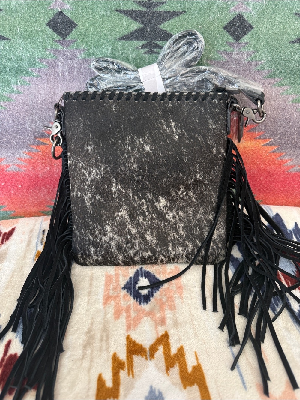 Black and White Haircalf Fringe Crossbody Bag